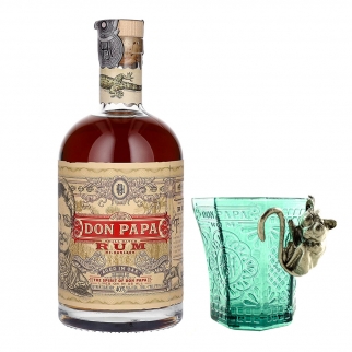 butelka rumu don papa wraz ze stylową szklanką