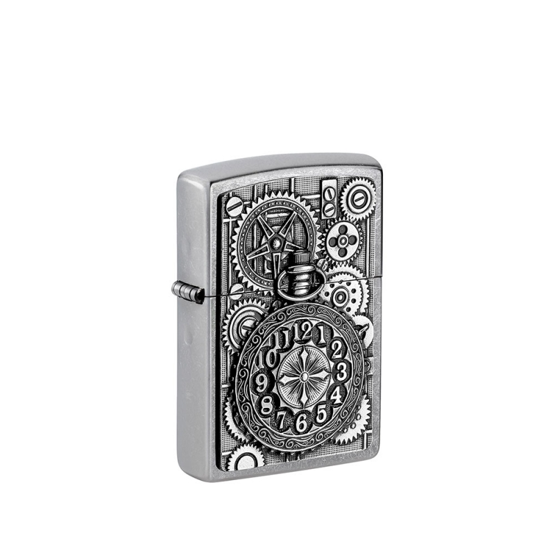 designerska zapalniczka zippo z emblematem zegarka na tle kół zębatych